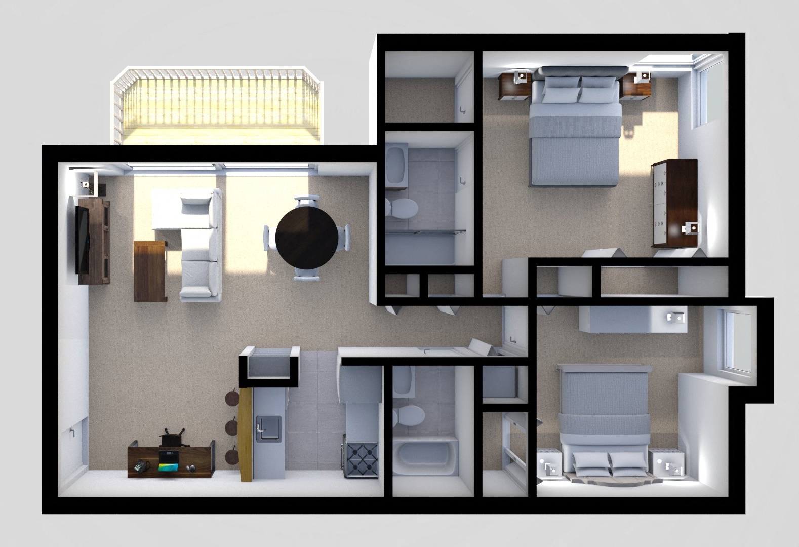 Floor plan for 2 beds, 2 baths, 885 sqft